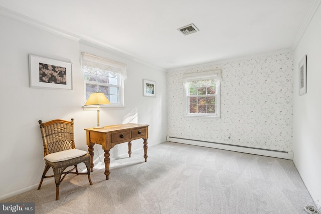 1243 Grove Rd, West Chester, PA 19380 - living area featuring baseboard heating, crown molding, and carpet floors