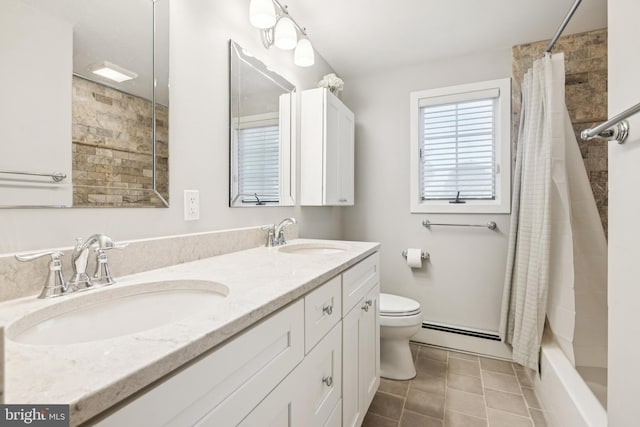 1243 Grove Rd, West Chester, PA 19380 - full bath with a baseboard heating unit, double vanity, shower / tub combo with curtain, and tile patterned floors