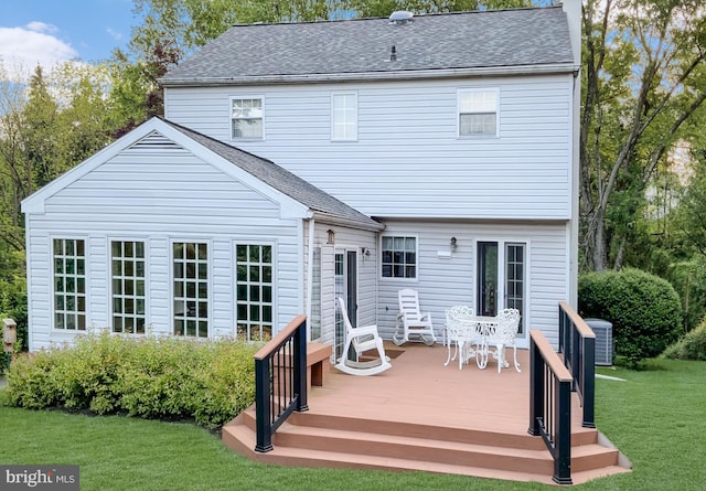 1243 Grove Rd, West Chester, PA 19380 - rear view of property featuring a wooden deck, a yard, and a shingled roof