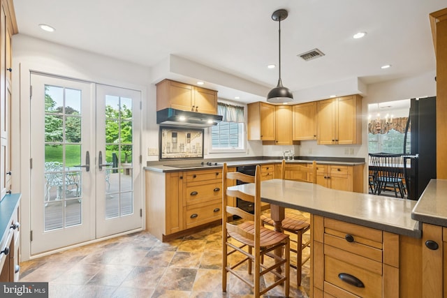 1243 Grove Rd, West Chester, PA 19380 - kitchen featuring french doors, under cabinet range hood, stone finish flooring, pendant lighting, and recessed lighting