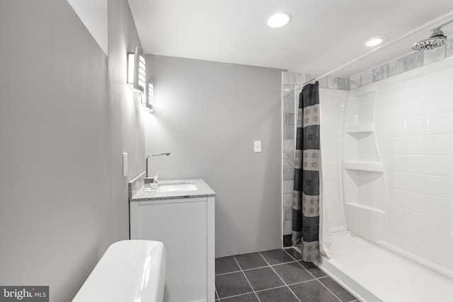 1606 W Mcgalliard Ave, Hamilton, NJ 08610 - full bath with tile patterned floors, a shower with curtain, vanity, and recessed lighting