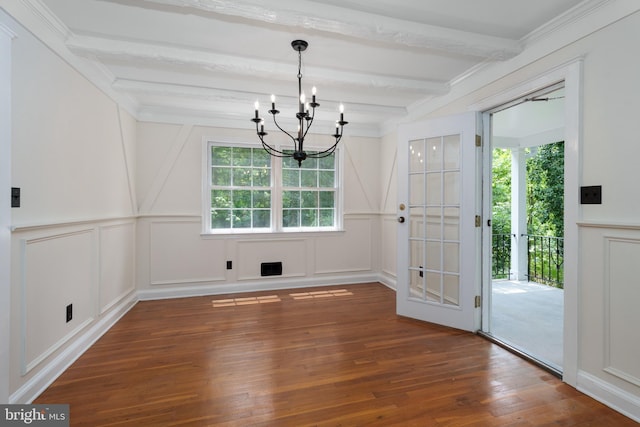 92 Lochatong Rd, Ewing, NJ 08628 - unfurnished dining area with a decorative wall, beamed ceiling, a chandelier, wood finished floors, and a wainscoted wall