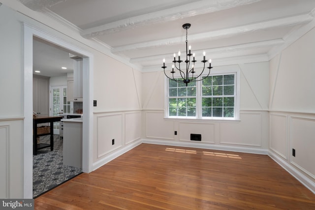 92 Lochatong Rd, Ewing, NJ 08628 - unfurnished dining area featuring a decorative wall, healthy amount of natural light, wood finished floors, a chandelier, and beam ceiling