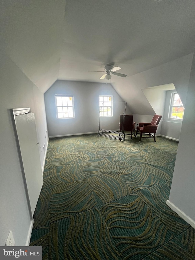 3805 Arbutus, Baltimore, MD 21207 - living area with carpet, vaulted ceiling, and a ceiling fan