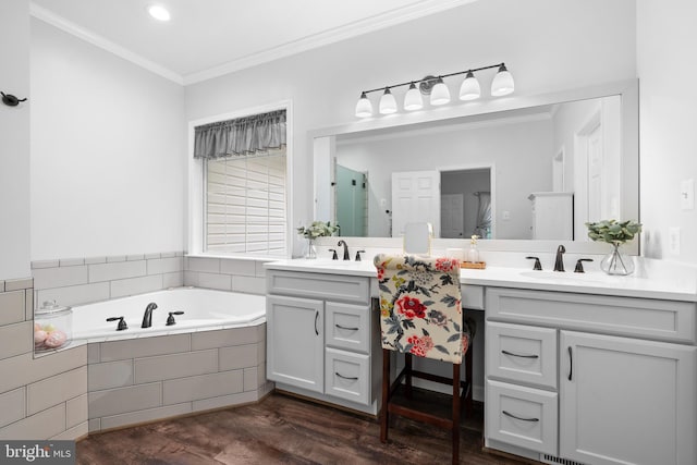 11871 Knollcrest Ln, La Plata, MD 20646 - full bath featuring double vanity, crown molding, a garden tub, wood finished floors, and a shower stall