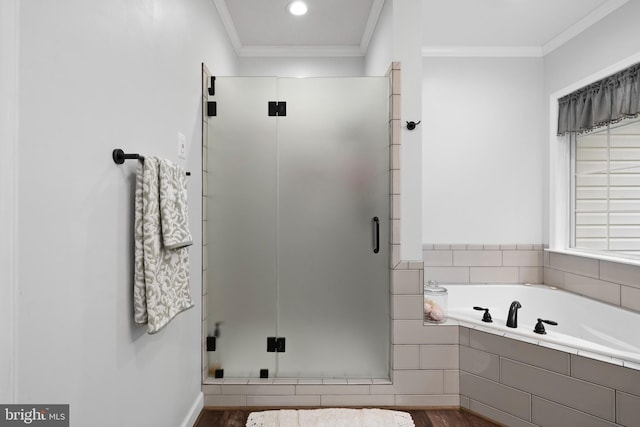 11871 Knollcrest Ln, La Plata, MD 20646 - full bathroom with a bath, a shower stall, ornamental molding, and wood finished floors