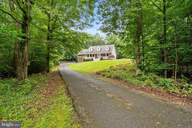 11871 Knollcrest Ln, La Plata, MD 20646 - cape cod home featuring a front lawn, a porch, and a forest view