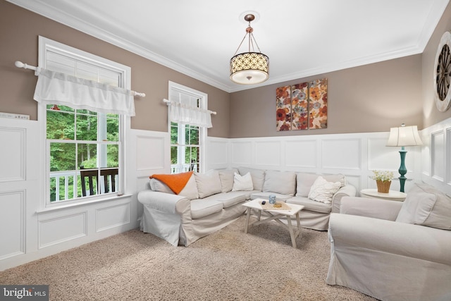 11871 Knollcrest Ln, La Plata, MD 20646 - carpeted living area featuring a decorative wall, crown molding, plenty of natural light, and wainscoting