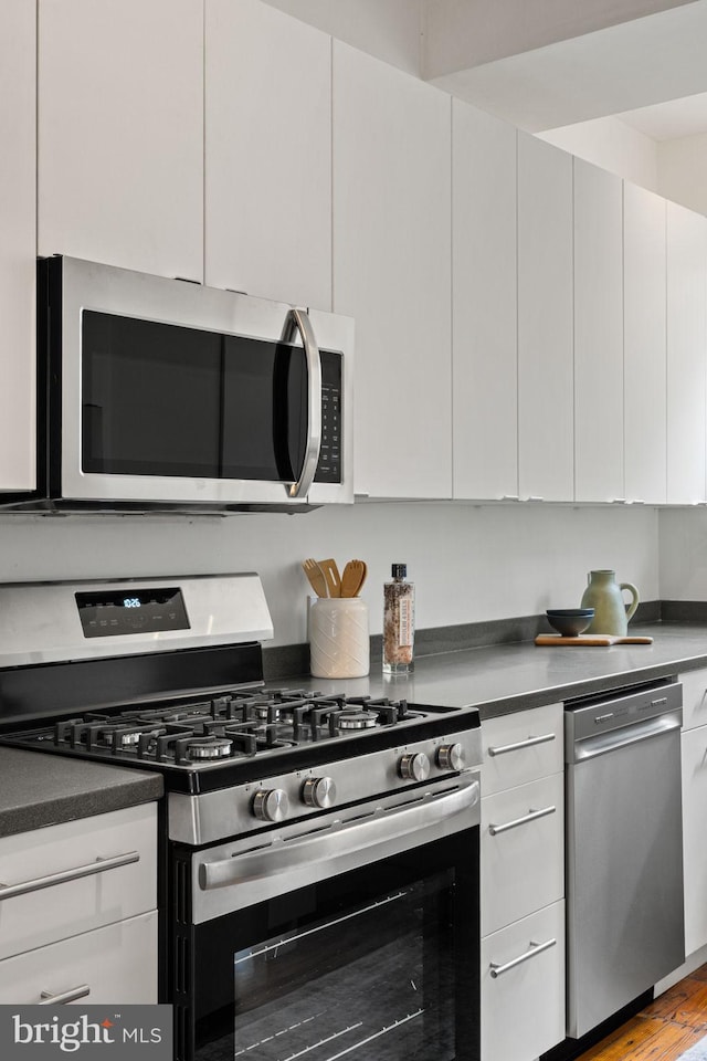 828 Mercer St, Philadelphia, PA 19125 - kitchen with stainless steel appliances, white cabinetry, dark countertops, light wood-style floors, and modern cabinets