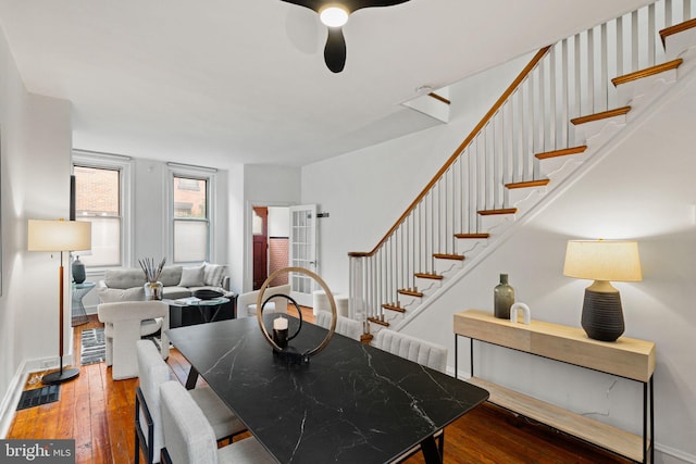 828 Mercer St, Philadelphia, PA 19125 - dining room featuring wood-type flooring, stairs, and a ceiling fan
