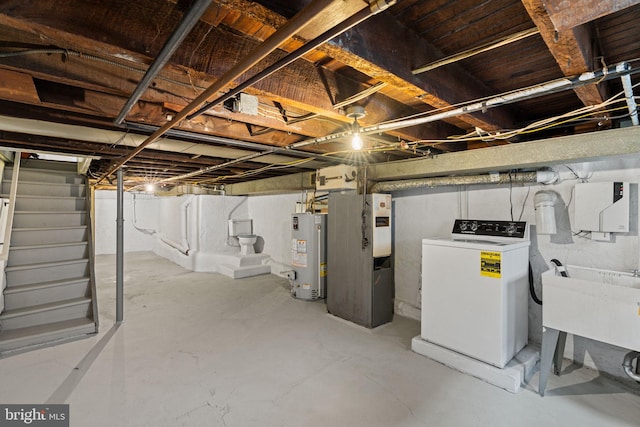 828 Mercer St, Philadelphia, PA 19125 - unfinished basement with washer / dryer, water heater, stairway, and electric panel