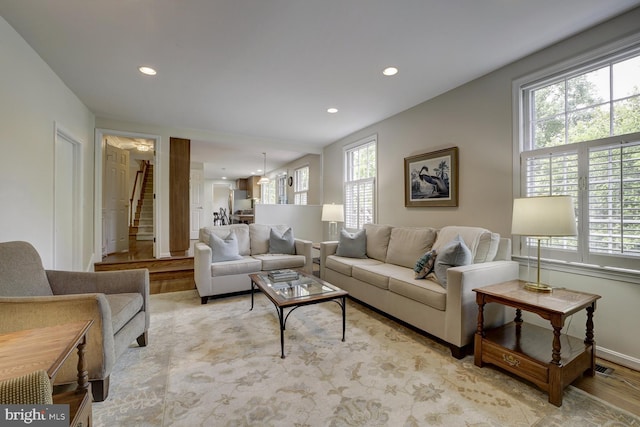1109 Pipestem Pl, Potomac, MD 20854 - living room featuring recessed lighting, stairway, and light wood-type flooring