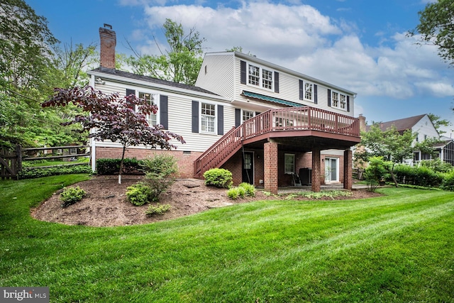 1109 Pipestem Pl, Potomac, MD 20854 - back of property with a wooden deck, stairs, a chimney, and brick siding