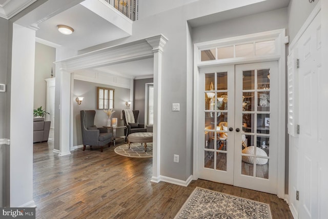 14401 Chalfont Dr, Haymarket, VA 20169 - entryway with french doors, wood finished floors, and ornamental molding