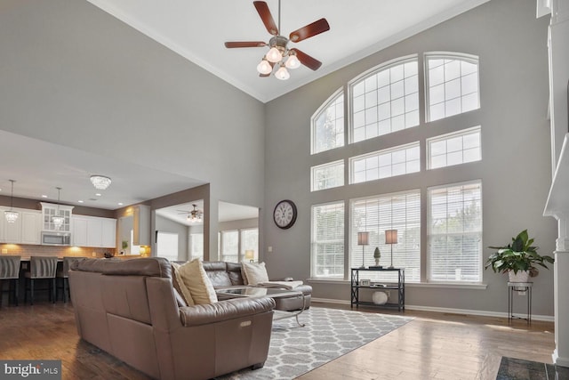 14401 Chalfont Dr, Haymarket, VA 20169 - living room with ceiling fan, dark wood-style floors, a high ceiling, and ornamental molding