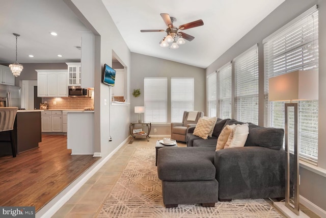 14401 Chalfont Dr, Haymarket, VA 20169 - living room featuring a ceiling fan, recessed lighting, and lofted ceiling