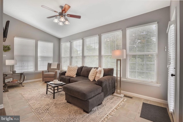14401 Chalfont Dr, Haymarket, VA 20169 - living area featuring ceiling fan, lofted ceiling, healthy amount of natural light, and light tile patterned floors