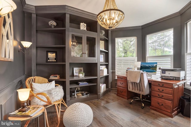 14401 Chalfont Dr, Haymarket, VA 20169 - office featuring wood finished floors, a chandelier, ornamental molding, and built in features