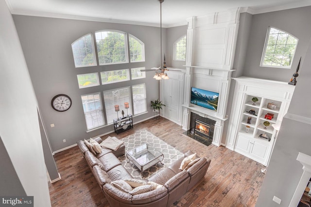 14401 Chalfont Dr, Haymarket, VA 20169 - living room featuring a high end fireplace, wood finished floors, a ceiling fan, and ornamental molding