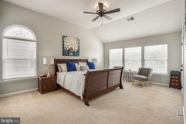 14401 Chalfont Dr, Haymarket, VA 20169 - bedroom with light colored carpet, lofted ceiling, and ceiling fan