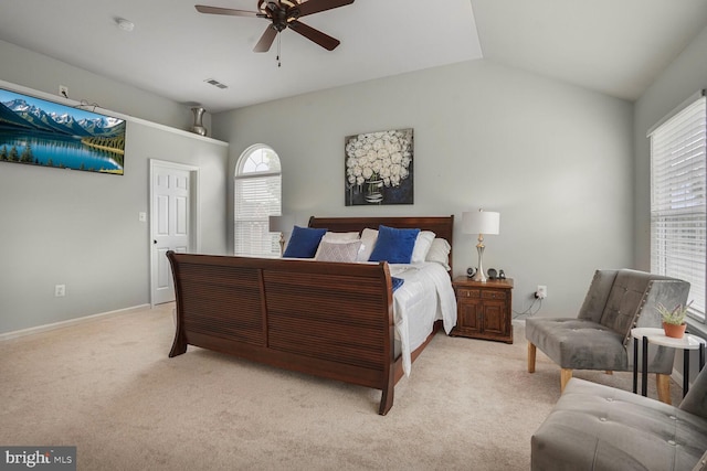 14401 Chalfont Dr, Haymarket, VA 20169 - bedroom featuring multiple windows, light carpet, vaulted ceiling, and ceiling fan