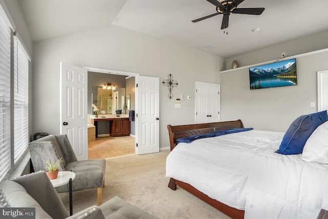 14401 Chalfont Dr, Haymarket, VA 20169 - bedroom with vaulted ceiling, light colored carpet, connected bathroom, and a ceiling fan