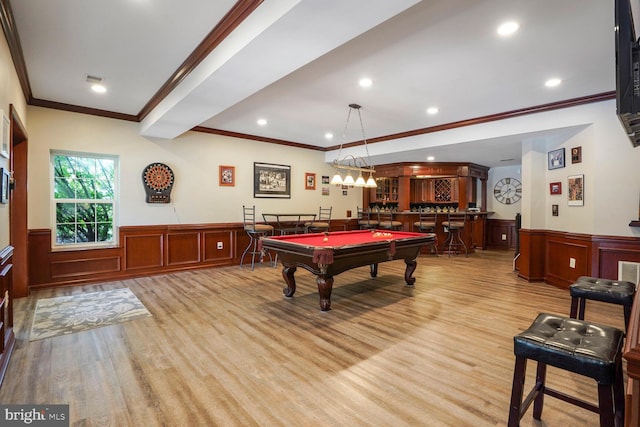 14401 Chalfont Dr, Haymarket, VA 20169 - game room with crown molding, bar, wainscoting, light wood-style floors, and billiards