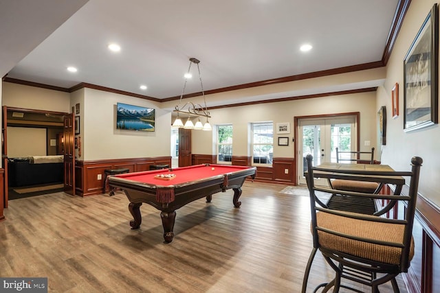 14401 Chalfont Dr, Haymarket, VA 20169 - rec room with ornamental molding, wainscoting, wood finished floors, french doors, and billiards