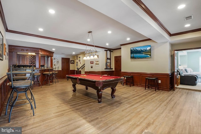 14401 Chalfont Dr, Haymarket, VA 20169 - rec room featuring ornamental molding, wainscoting, billiards table, light wood-style floors, and recessed lighting
