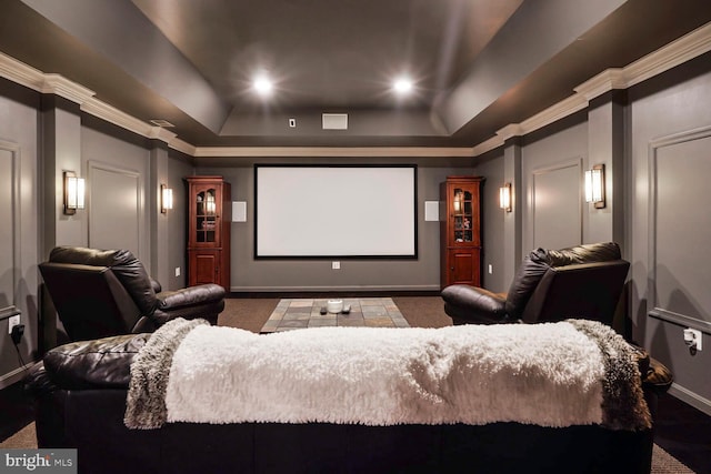 14401 Chalfont Dr, Haymarket, VA 20169 - home theater room featuring a tray ceiling, recessed lighting, and crown molding