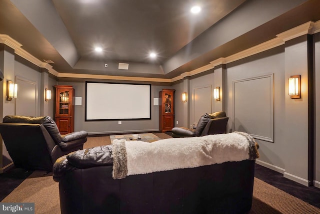 14401 Chalfont Dr, Haymarket, VA 20169 - home theater featuring a raised ceiling, crown molding, and recessed lighting