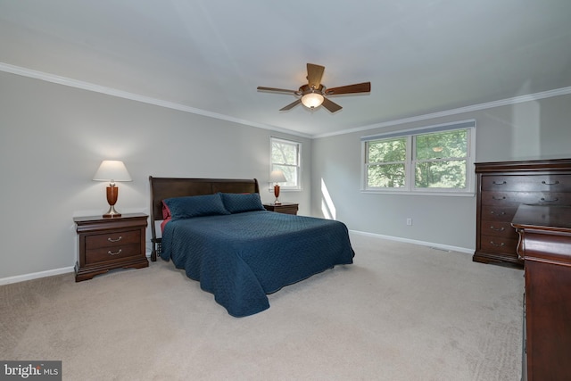 561 Nottingham Dr, Yardley, PA 19067 - bedroom with light colored carpet, ornamental molding, and a ceiling fan