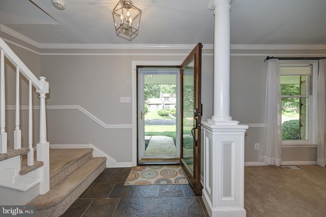 561 Nottingham Dr, Yardley, PA 19067 - foyer with stairway, ornamental molding, stone finish floors, and decorative columns