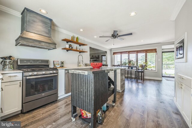 487 College Blvd, Wenonah, NJ 08090 - kitchen with gas range, crown molding, a ceiling fan, custom exhaust hood, and wood finished floors