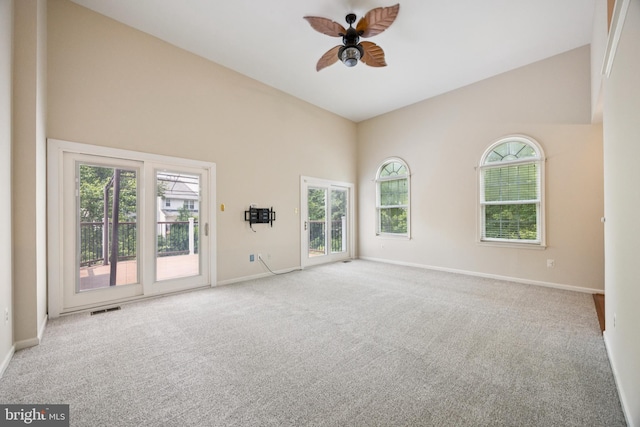 205 Dylan Dr Unit 54, Lansdale, PA 19446 - spare room with high vaulted ceiling, a ceiling fan, carpet floors, and healthy amount of natural light