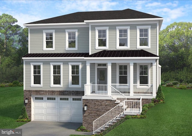7200 Greentree Rd, Bethesda, MD 20817 - view of front of home featuring a porch, an attached garage, a front lawn, and driveway