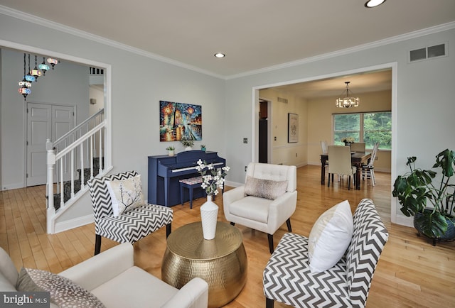 21 Shara Ln, Pennington, NJ 08534 - living area featuring a chandelier, crown molding, light wood-type flooring, stairway, and recessed lighting