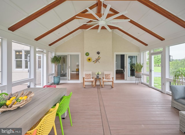 21 Shara Ln, Pennington, NJ 08534 - sunroom with high vaulted ceiling, wood finished floors, a deck, and beamed ceiling