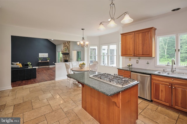 21 Shara Ln, Pennington, NJ 08534 - kitchen with stainless steel appliances, stone tile floors, brown cabinetry, a center island, and open floor plan