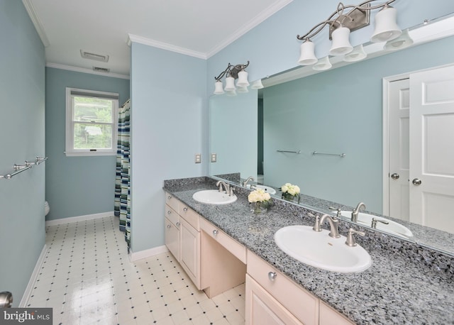 21 Shara Ln, Pennington, NJ 08534 - bathroom featuring double vanity, ornamental molding, tile patterned floors, and a shower with curtain