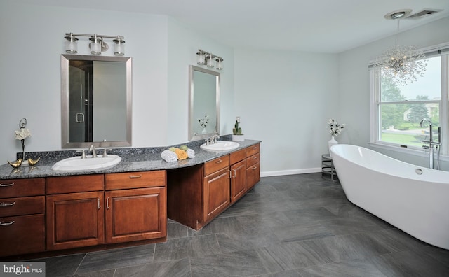 21 Shara Ln, Pennington, NJ 08534 - full bathroom featuring double vanity, a freestanding bath, and a shower with shower door