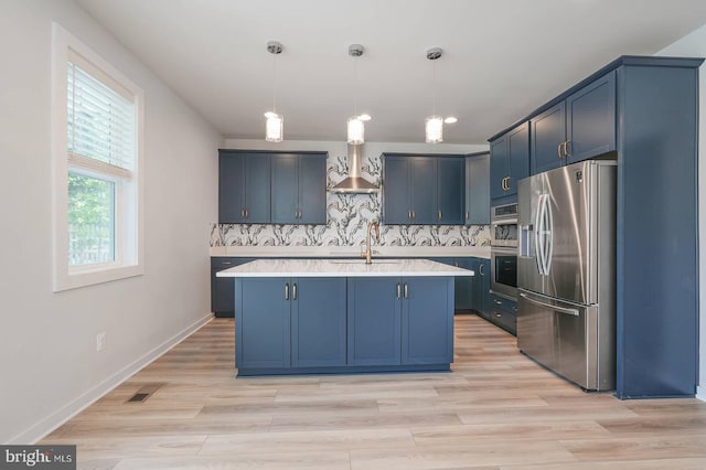 20769 Partlows Store Sq, Ashburn, VA 20147 - kitchen with stainless steel appliances, light countertops, blue cabinetry, and decorative light fixtures