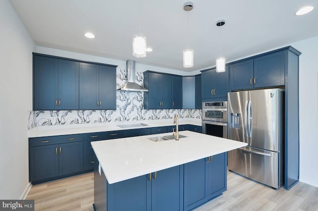 20769 Partlows Store Sq, Ashburn, VA 20147 - kitchen with appliances with stainless steel finishes, wall chimney exhaust hood, blue cabinets, tasteful backsplash, and recessed lighting
