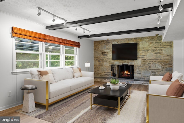 951 Robin Ln, Huntingdon Valley, PA 19006 - living room featuring track lighting, wood finished floors, a stone fireplace, and beam ceiling