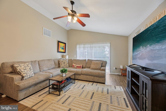 41 Sycamore Ln, Hanover, PA 17331 - living room featuring wood finished floors, lofted ceiling, and ceiling fan