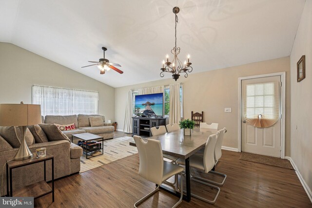 41 Sycamore Ln, Hanover, PA 17331 - dining room featuring vaulted ceiling, dark wood-style floors, ceiling fan, plenty of natural light, and a chandelier