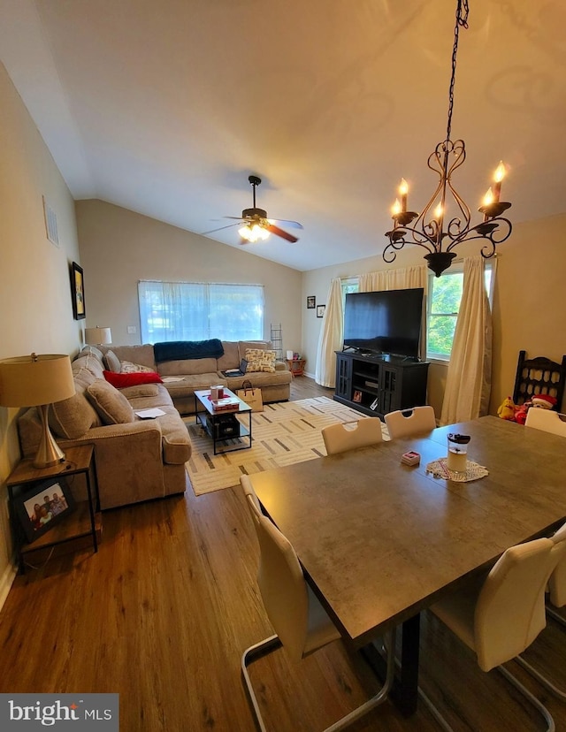 41 Sycamore Ln, Hanover, PA 17331 - dining room featuring wood finished floors, a chandelier, vaulted ceiling, and ceiling fan