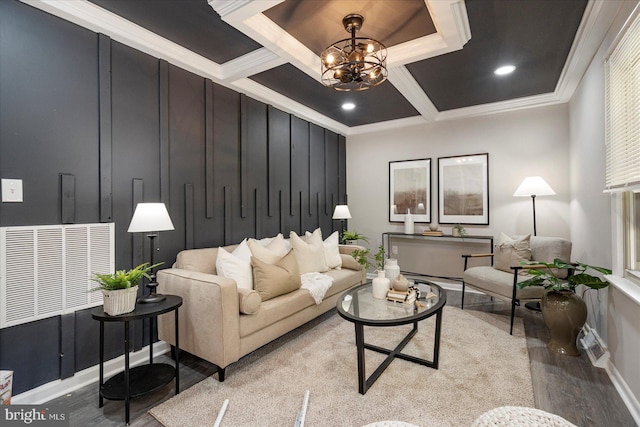 1427 Perrywood Dr, Aberdeen, MD 21001 - living area with wood finished floors, crown molding, a chandelier, coffered ceiling, and beamed ceiling