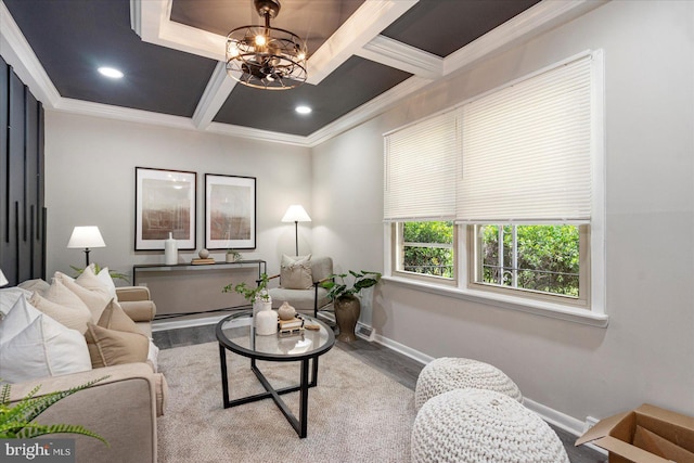 1427 Perrywood Dr, Aberdeen, MD 21001 - living room featuring coffered ceiling, a chandelier, ornamental molding, wood finished floors, and recessed lighting