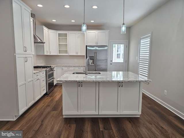 201 Lawrence Ln, Colonial Beach, VA 22443 - kitchen with appliances with stainless steel finishes, white cabinets, recessed lighting, a kitchen island with sink, and dark wood-style flooring